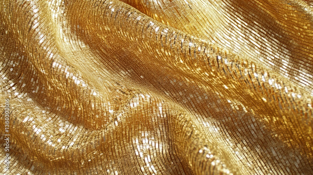 Poster abstract sheet of warped brushed gold with swirling patterns and reflections, illuminated by light t