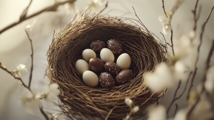 Woven Nest Filled Speckled Eggs Solid Color Eggs Spring Branches