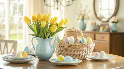 Fototapeta premium Easter Table Setting with Yellow Tulips and Decorated Eggs