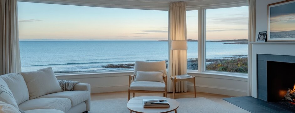 A couple cuddles together in a living room as the sun sets, showcasing a beautiful sea view and a warm fireplace atmosphere