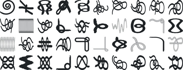 Knot vector set rope, cord, tie, knot silhouette vector illustrations, various knot types, decorative knots