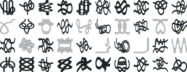 Knot vector set rope, cord, tie, knot silhouette vector illustrations, various knot types, decorative knots