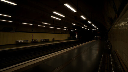 Fototapeta premium Deserted subway station in darkness with dim lighting, reflecting post-apocalyptic environment 