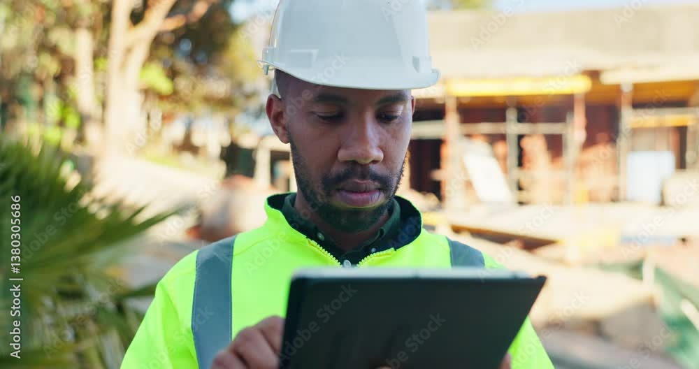 Poster architect, black man and typing on tablet for construction planning, site inspection and architectur