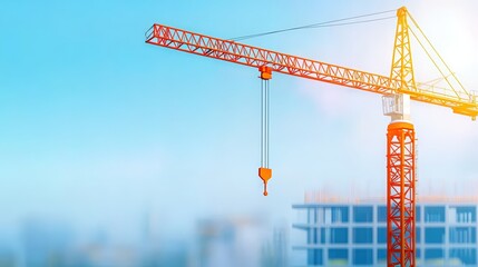 A construction crane stands tall against a blue sky, overseeing a building site where new structures are rising in the background.