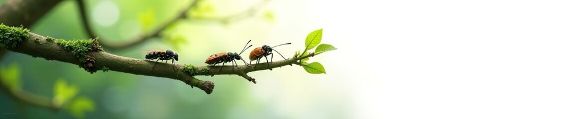 Fototapeta premium forest branch with insects on white background, nature, insects
