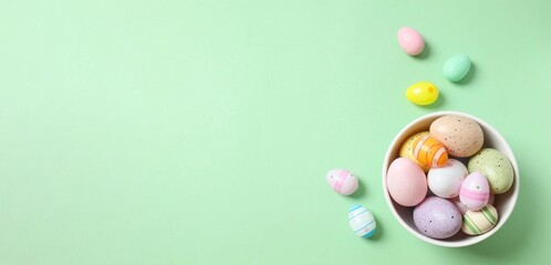 Easter decor concept. Top view photo of colorful eggs in a bowl on pastel green background with space for text