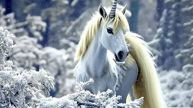Beautiful white unicorn with large feathery wings standing in a snowy forest during winter