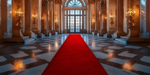 a grand hall with a long red carpet leading to large doors, featuring columns, ornate details, and elegant chandeliers. It evokes a sense of luxury and prestige