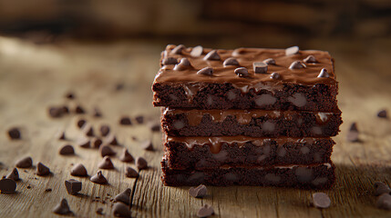 Decadent stack of fudgy brownies with melted chocolate drizzle and scattered chocolate chips on a rustic wooden background  
