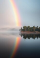 Ethereal rainbow mist rises gently from a calm lake, soft pastel hues reflecting on the still water, calm, vibrant, haze