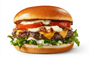 Savory isolated classic cheeseburger with toasted bun and fresh ingredients fast food paradise culinary delight bright white background close-up view