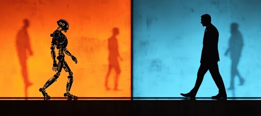 Humanoid robot and businessman walking in split cool blue and warm orange