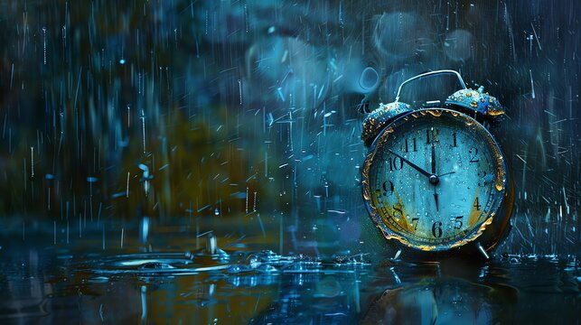 A beautiful image of a clock sitting in the rain. The clock is old and rusty, and the rain is falling heavily.