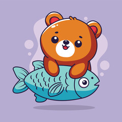 cute bear and fish cartoon vector illustration 