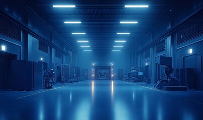Fototapeta premium A futuristic, technological interior scene bathed in cool blue light, with sleek metallic structures lining the floor. A sense of advanced design and industrial ambiance is felt.