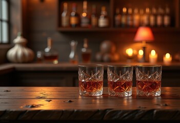 Obraz premium vintage wood bar surface elegant whiskey glasses amber beverage rustic atmosphere, input, decor, oak, antique, table, liquor, drink, shotglass, tumbler