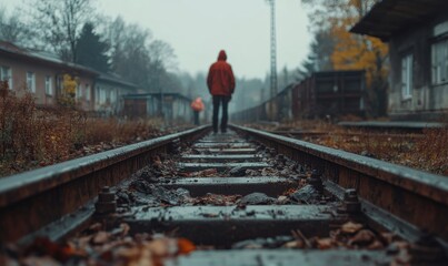 Naklejka premium a solitary figure walking along a railway track on a gloomy day, evoking a sense of solitude and introspection. the scene is a blend of nature and human structures.