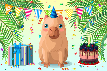 vector capybara animal. Cartoon happy birthday clip art. Hand drown design card. 