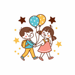 Happy Kids Walking Together with Balloons