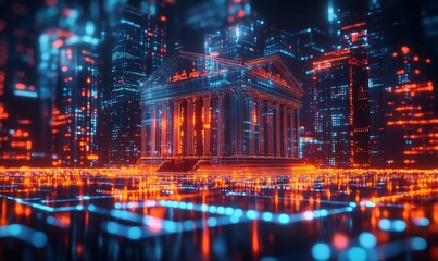 futuristic digital building in an abstract city, showcasing a blend of classical architecture with technological elements. The building glows with neon lights against a backdrop of skyscrapers.