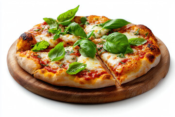 Isolated classic margherita pizza with bubbling mozzarella rustic kitchen setting gourmet food photography close-up view culinary artistry