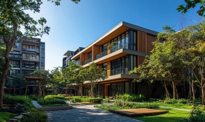 Fototapeta premium Modern architectural design of luxury buildings, surrounded by lush greenery and a clear blue sky, with wooden exterior walls and large windows.