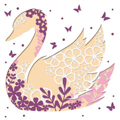 Swan Paper cut style, Animal greetings card, vector illustration of a happy birthday card. Shadow box layered card