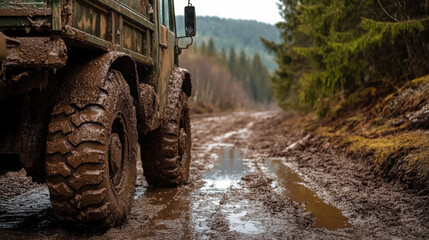 An off-road truck, heavily covered in mud, stands prominently as it rests after a challenging trek through the rough and muddy landscape, surrounded by dense forest and rugged terrain.