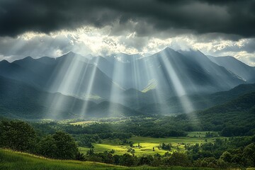 Sunbeams pierce through dark clouds, illuminating a serene mountain valley. A breathtaking display of nature's beauty.