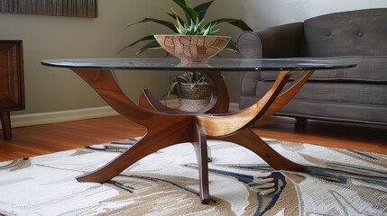 Mid-Century Modern Coffee Table with Round Glass Top 