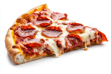Isolated classic pepperoni pizza slice with gooey melted cheese on white background food photography minimalist style dynamic viewpoint culinary art