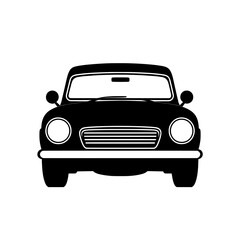 Black silhouette of a front-facing classic car with round headlights and vintage design details on a white background.