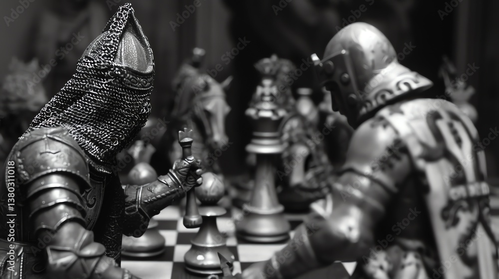 Aufkleber a grayscale image of a chessboard with two knights in the foreground. the knights are facing each ot
