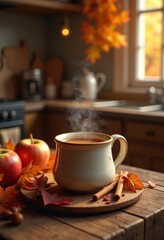 warm spiced cider cozy mug autumn beverages aromatic fall scene comfort drink homey atmosphere warmth taste delight cozy surroundings, savoury, orange, apple