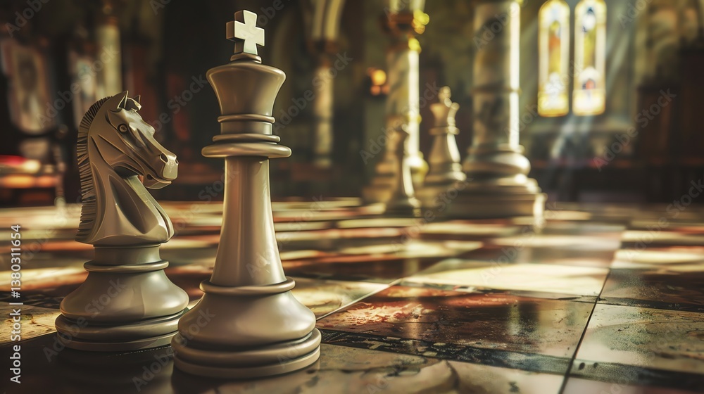 Poster 3d rendering of a chessboard with white pieces in the foreground and black pieces in the background.