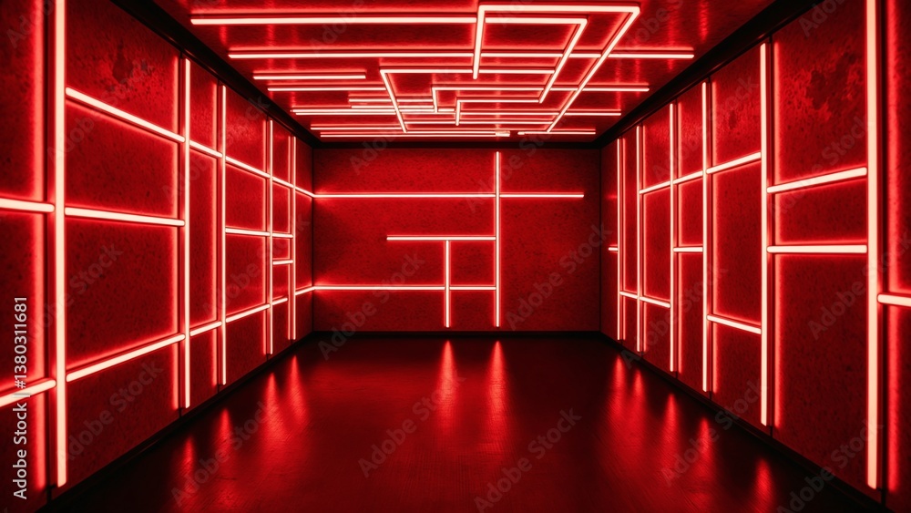 Poster Abstract red illuminated room with glowing neon light strips creating unique geometric patterns on dark textured walls for artistic design projects and backgrounds
