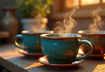 colorful ceramic cups steaming beverages hot drinks cozy mugs artisan handcrafted kitchenware, artisanal, coffee, latte, espresso, pattern, glaze, comfort