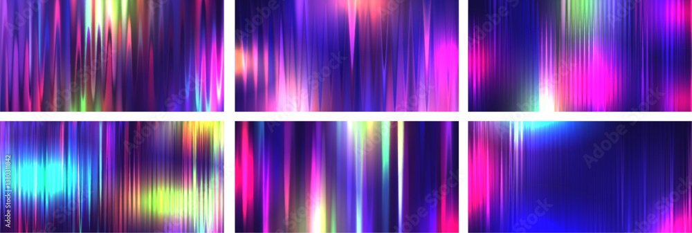 Poster set of ribbed glass backgrounds. colorful abstract vector patterns illustrating dynamic light reflec