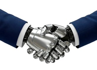 handshake between two android robots cut out signifying AI and autonomous decision-making capabilities
