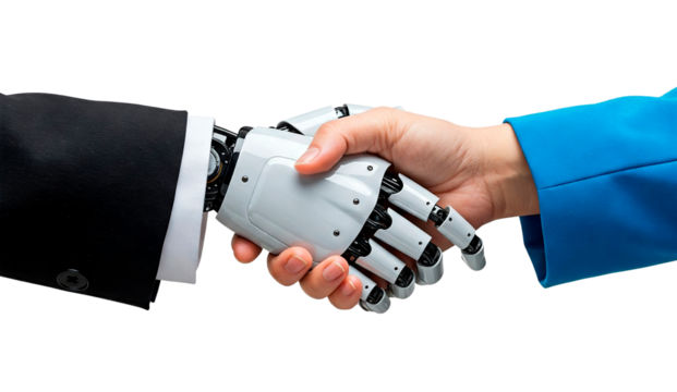 Close-up of a handshake between a businesswoman and an android robot cut out. Human and Robot Working Together concept
