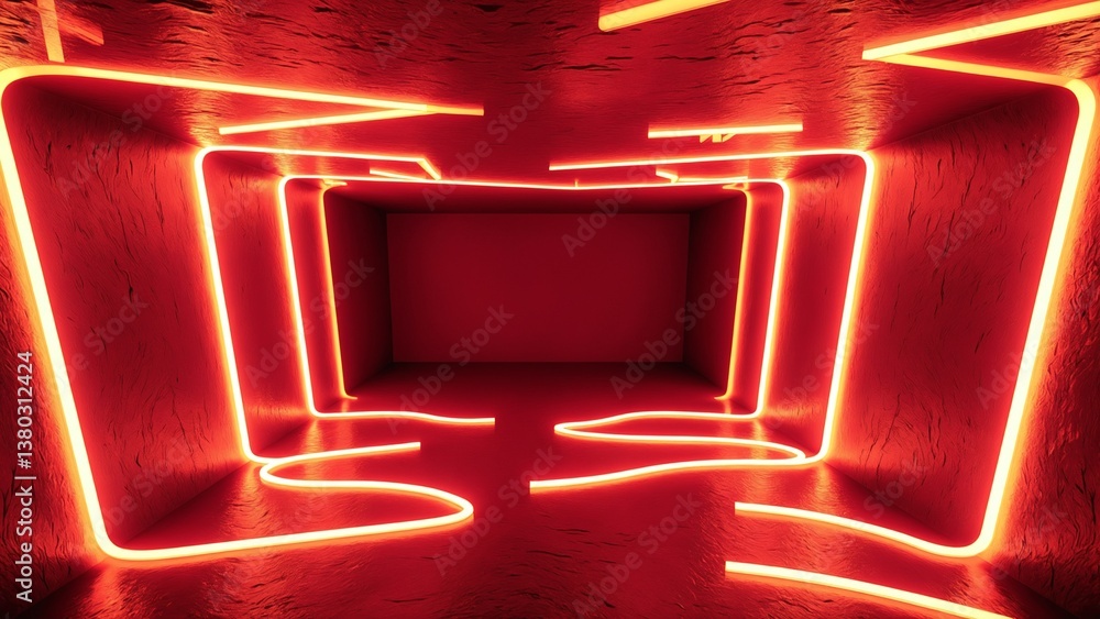 Aufkleber Abstract red illuminated room with glowing neon light strips creating unique geometric patterns on dark textured walls for artistic design projects and backgrounds
