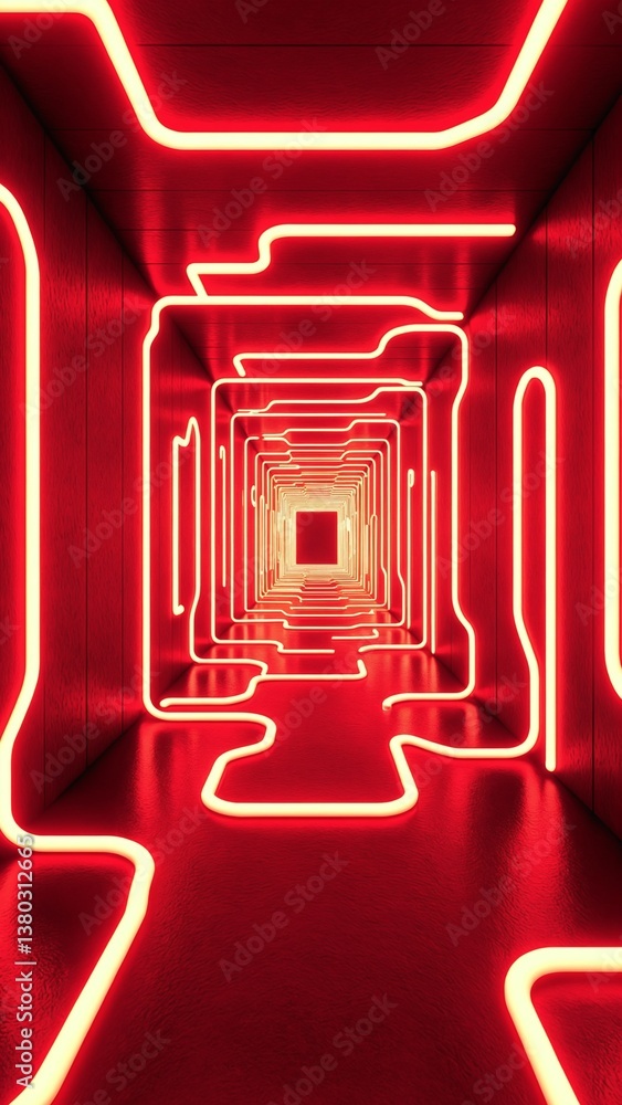 Aufkleber Abstract red illuminated room with glowing neon light strips creating unique geometric patterns on dark textured walls for artistic design projects and backgrounds