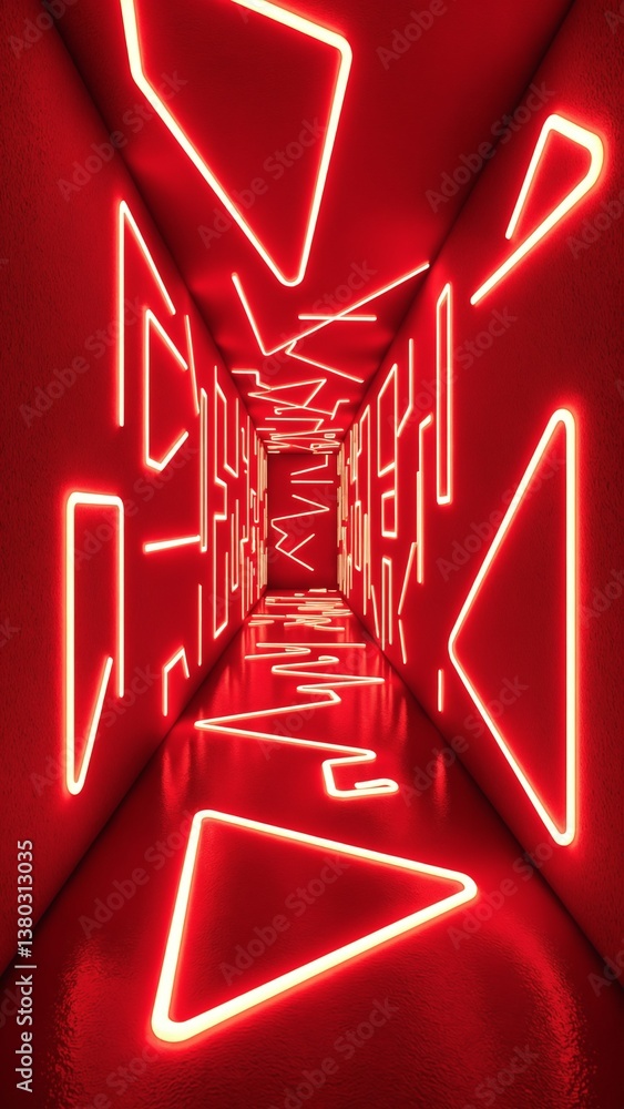 Poster Abstract red illuminated room with glowing neon light strips creating unique geometric patterns on dark textured walls for artistic design projects and backgrounds