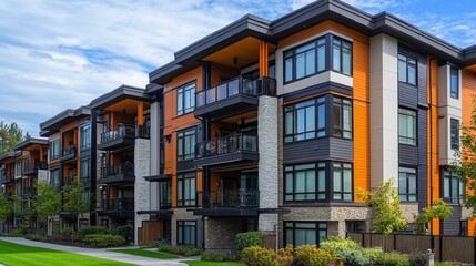 Fototapeta premium This suburban apartment building features a striking blend of modern architectural elements with warm wooden accents. Lush landscaping surrounds the structure, creating a tranquil living environment