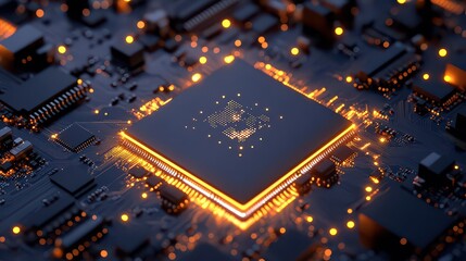 Abstract digital representation of an AI chip with data flow visualization on a motherboard.