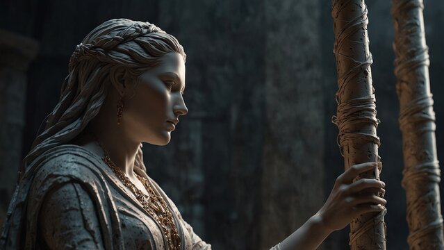 A statue of Clotho, gazing down at the thread she spins, weaving the destiny of mortals