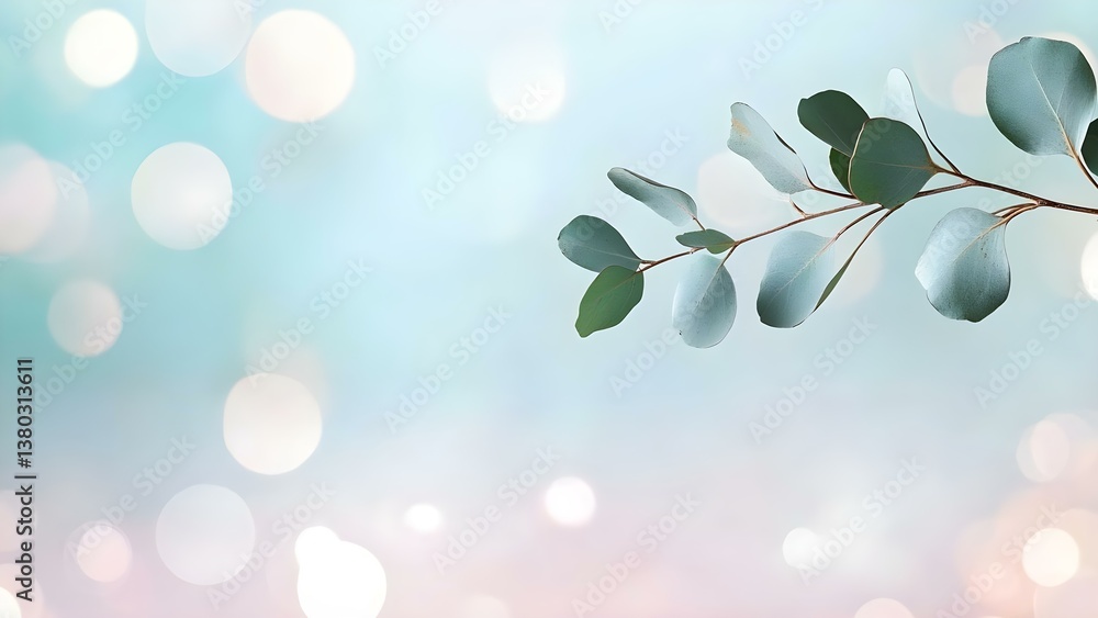 Poster a branch with green leaves against a soft blurred background of light colors and bright bokeh effect