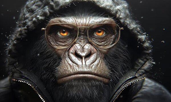 Close-up of a gorilla with glasses wearing a hooded jacket. Intense orange eyes stare out from under thick brows