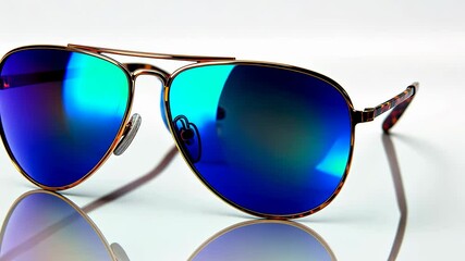 Brand product promo for a stylish pair of aviator sunglasses with blue lenses, showcased on a white background with reflections emphasizing the frame design.